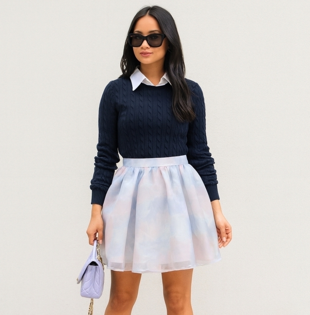 Selkie Watercolor Flared Organza Coquette Cocktail Mini Skirt Large
